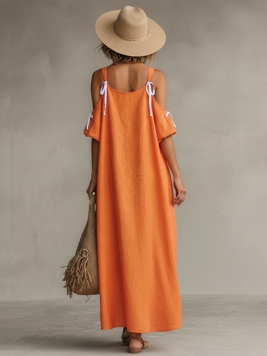 Vestido feminino de linho tangerina com ombro descoberto e bainha assimétrica estilo boho-resort