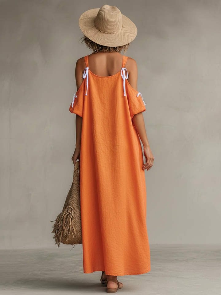Vestido feminino de linho tangerina com ombro descoberto e bainha assimétrica estilo boho-resort