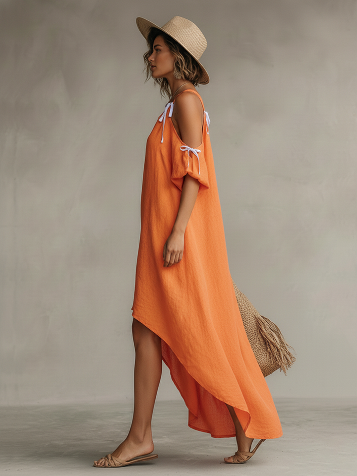 Vestido feminino de linho tangerina com ombro descoberto e bainha assimétrica estilo boho-resort