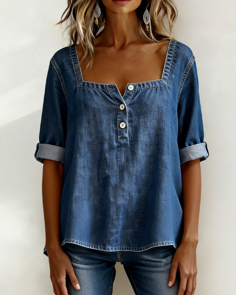 Avélia™ | Camisa de ganga com gola quadrada