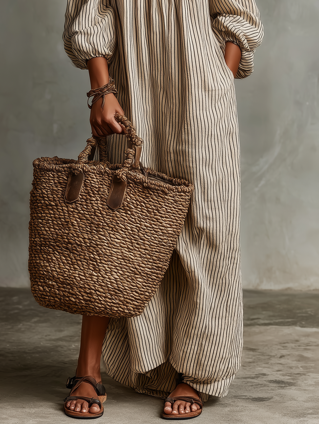 Vestido maxi feminino de algodão e linho, ombro a descoberto, manga comprida