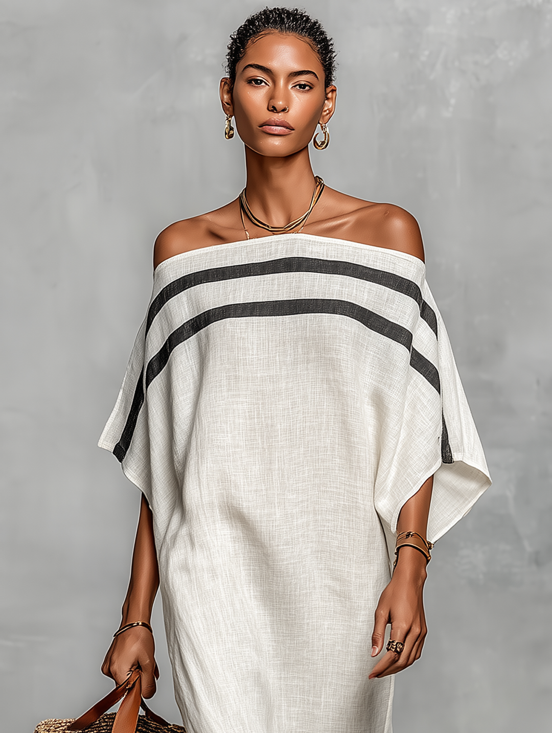 Vestido maxi feminino de linho misto com ombro a descoberto