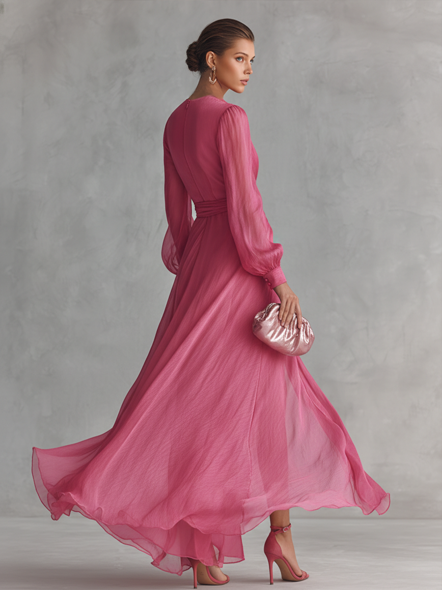 Emília | Vestido longo elegante de chiffon rosa pérola com decote em V