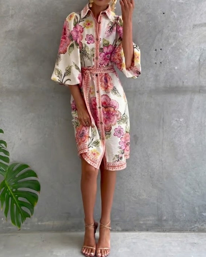 Inês | Vestido de Manga Lanterna com Gola Cranté Estampado