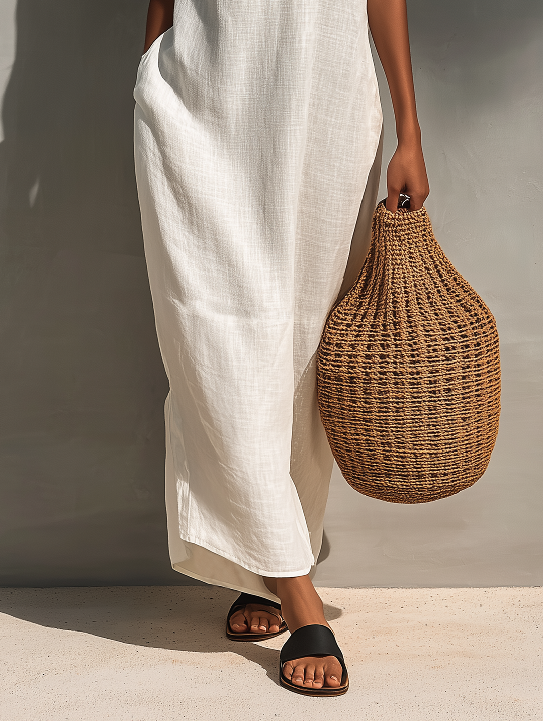 Vestido maxi minimalista sem mangas com decote recortado