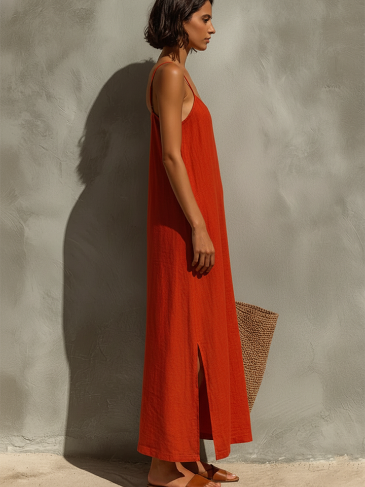 Bruna | Vestido de algodão vermelho para mulher com alças finas e decote quadrado