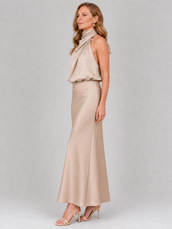 Nopal | Vestido midi sem alças com decote drapeado