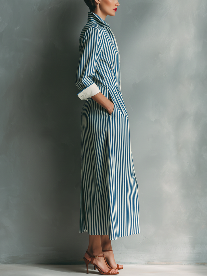 Isabel | Vestido chemise  azul e branco listrado