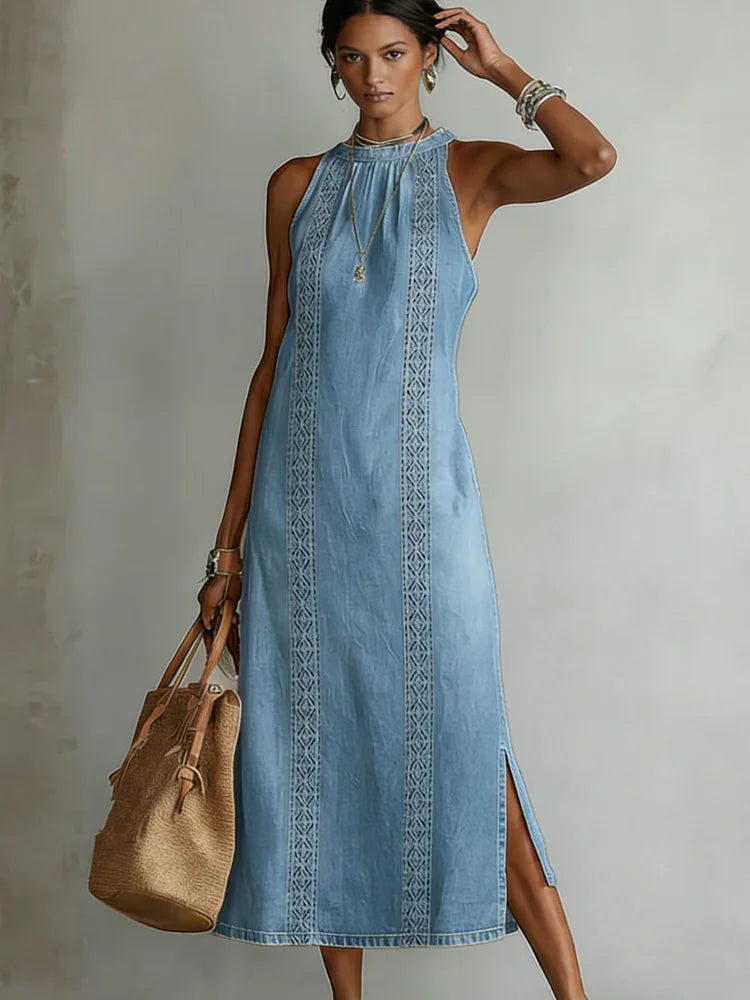 Julia™ | Vestido de denim com renda retrô