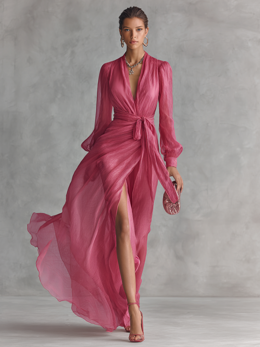 Emília | Vestido longo elegante de chiffon rosa pérola com decote em V