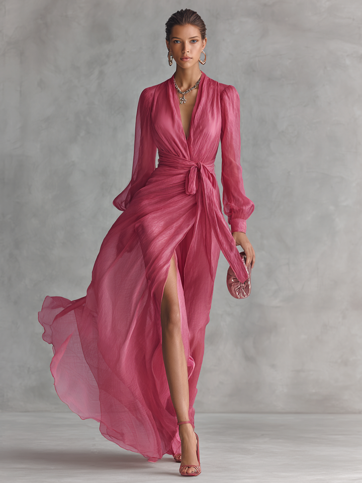 Emília | Vestido longo elegante de chiffon rosa pérola com decote em V