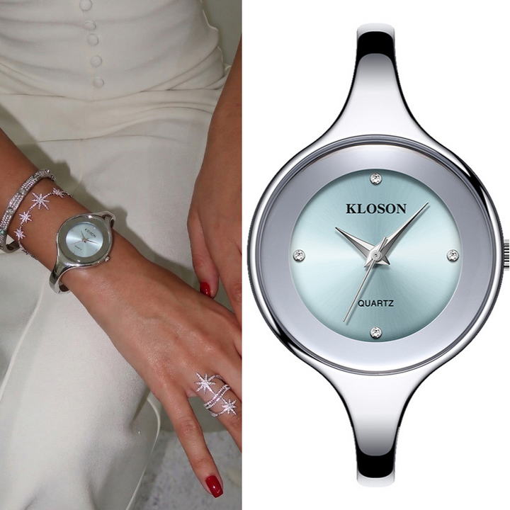 Relógio de pulso feminino com bracelete prateado – mostrador azul redondo, grande, elegante e moderno