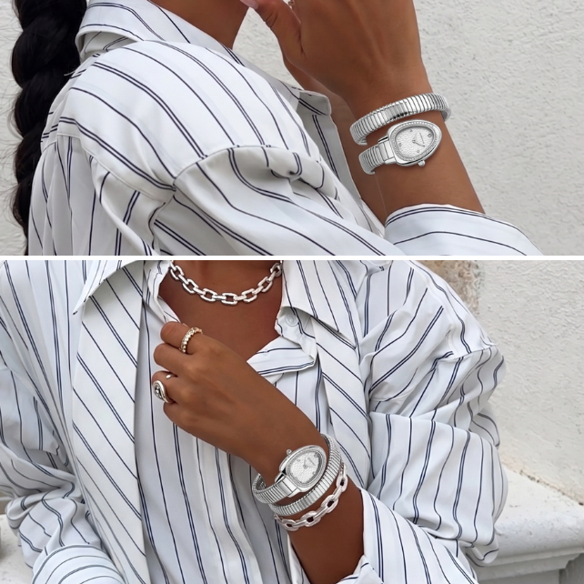 Relógio Serpenti Envolvente Prateado – Relógio de Pulseira com Cabeça de Cobra e Mostrador Gravado