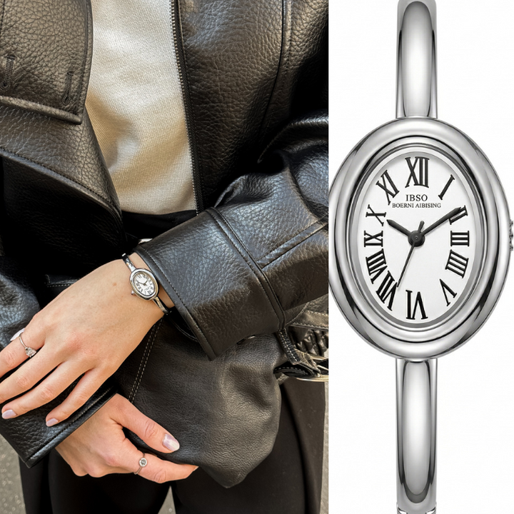 Relógio com bracelete prateado elegante – mostrador branco em forma de banheira, acessório de destaque para mulheres