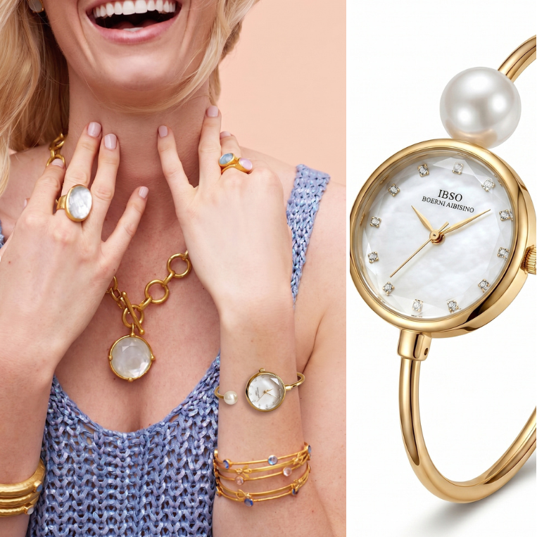 Relógio elegante com pulseira de pérolas – Relógio com bracelete dourado e mostrador de madrepérola