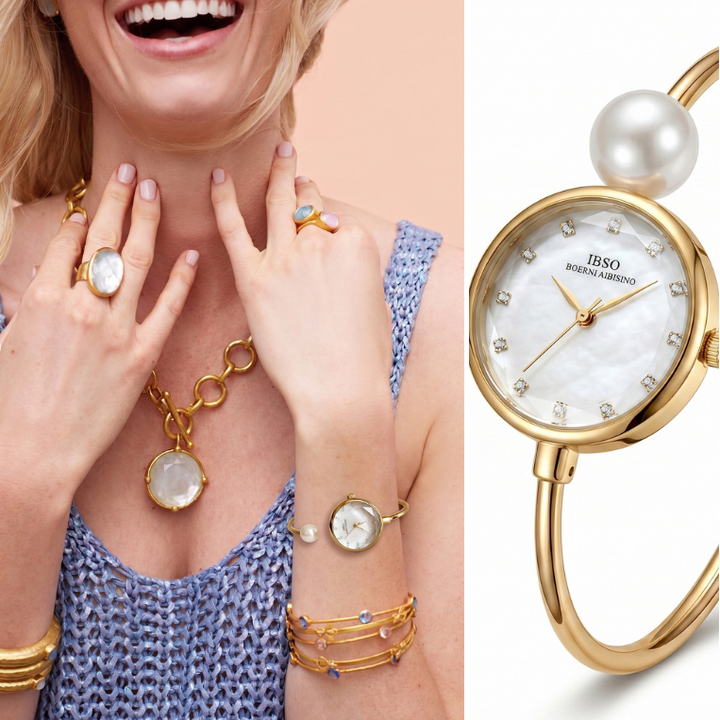 Relógio elegante com pulseira de pérolas – Relógio com bracelete dourado e mostrador de madrepérola