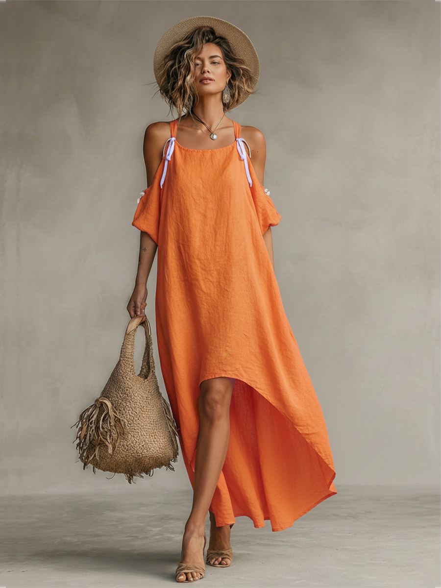 Vestido feminino de linho tangerina com ombro descoberto e bainha assimétrica estilo boho-resort