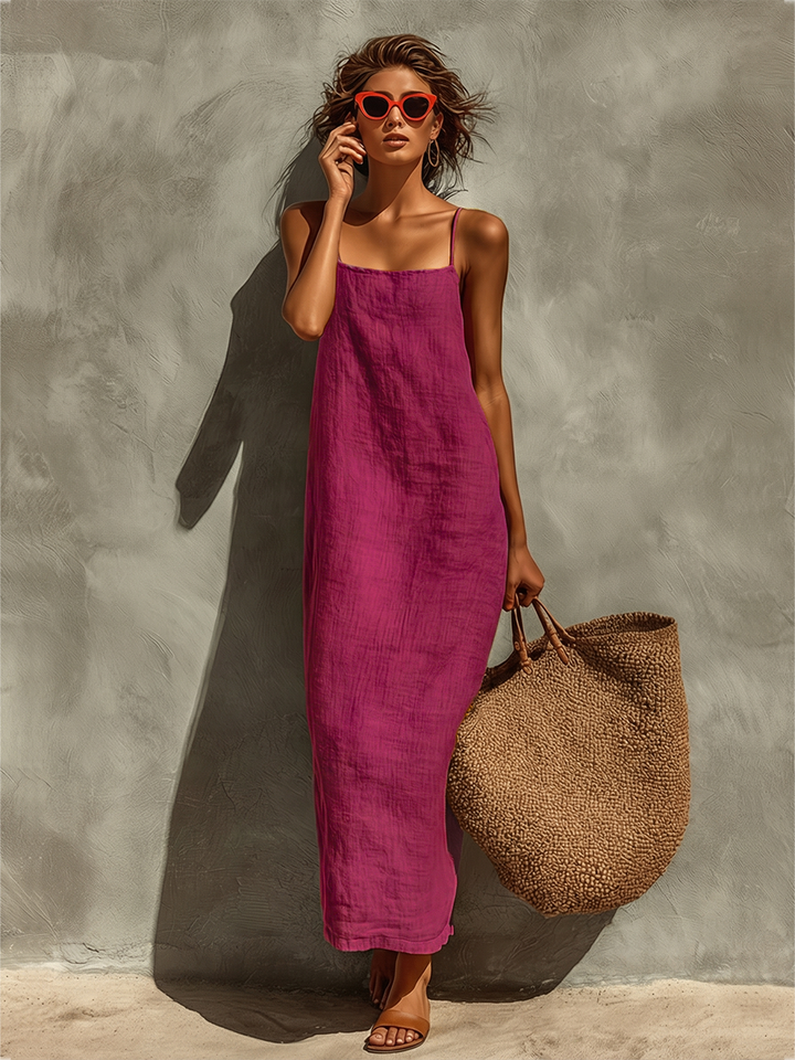 Bruna | Vestido de algodão vermelho para mulher com alças finas e decote quadrado