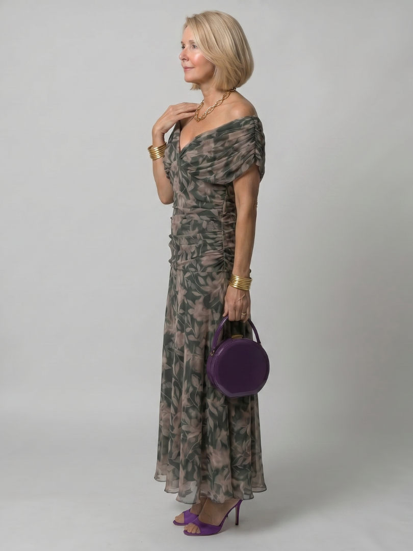 Calen | Vestido midi fluido com decote ombro a ombro