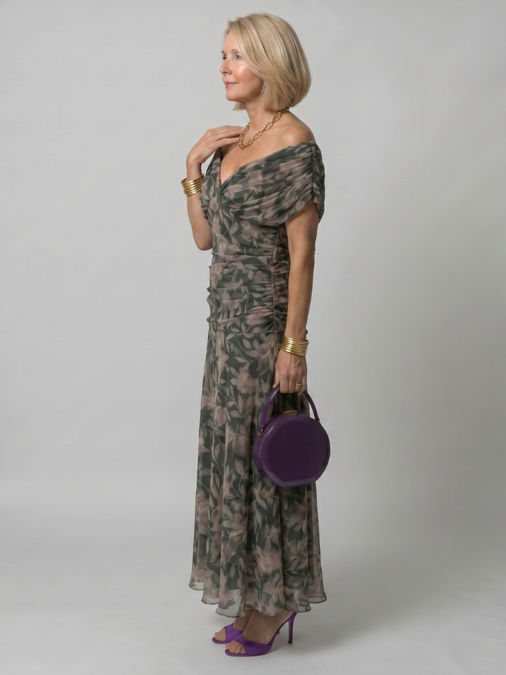 Calen | Vestido midi fluido com decote ombro a ombro