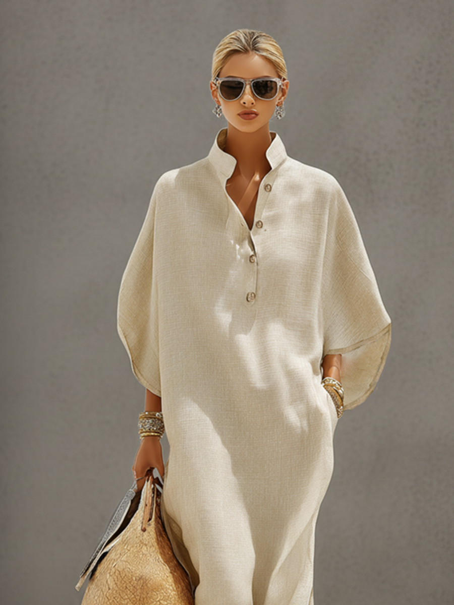 Vestido feminino de linho na cor aveia com gola mandarim e mangas dolman