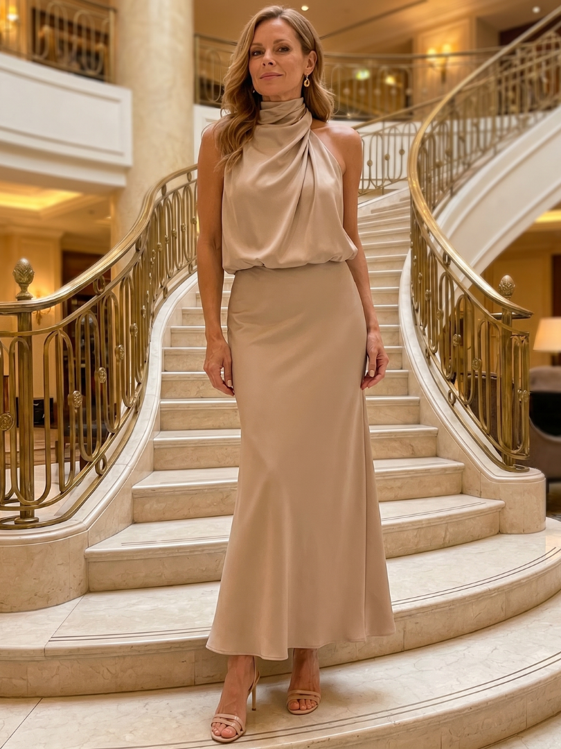 Nopal | Vestido midi sem alças com decote drapeado