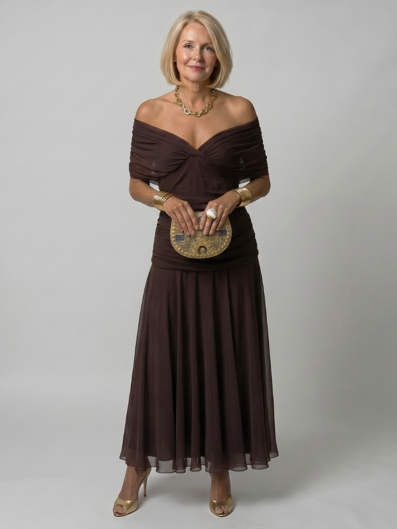 Calen | Vestido midi fluido com decote ombro a ombro