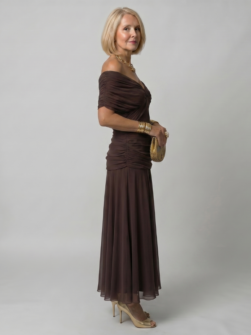Calen | Vestido midi fluido com decote ombro a ombro