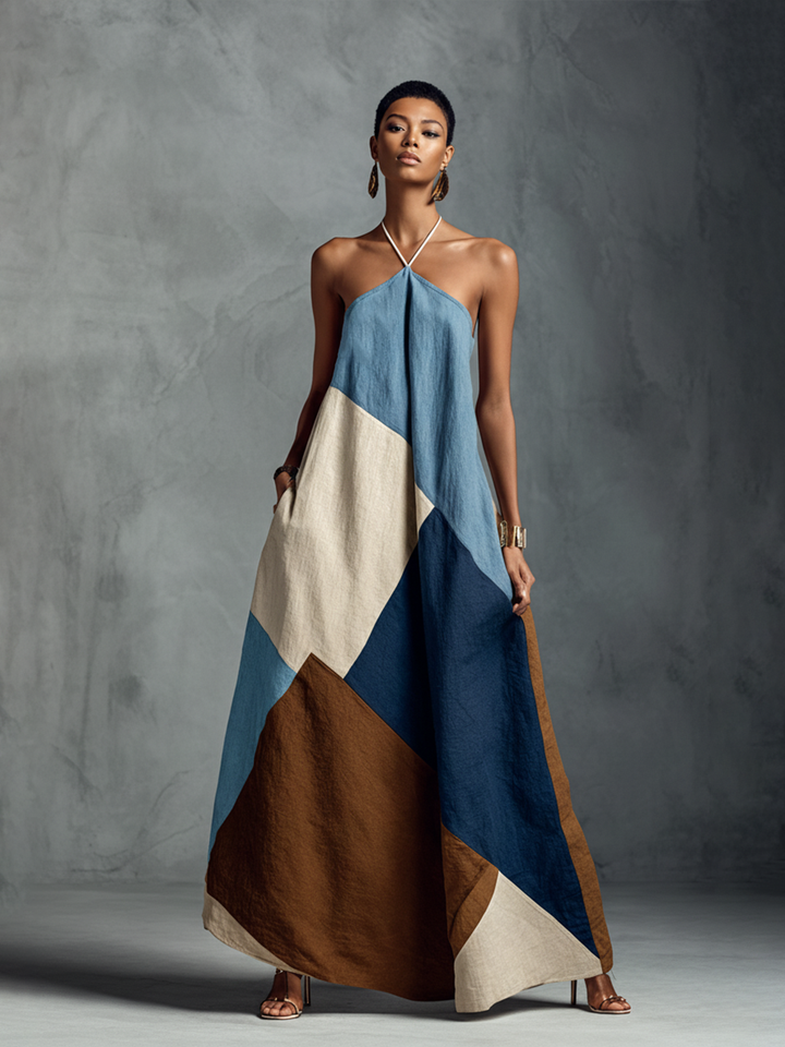 Vestido maxi halter boêmio para mulher, multicolor, em mistura de algodão e linho