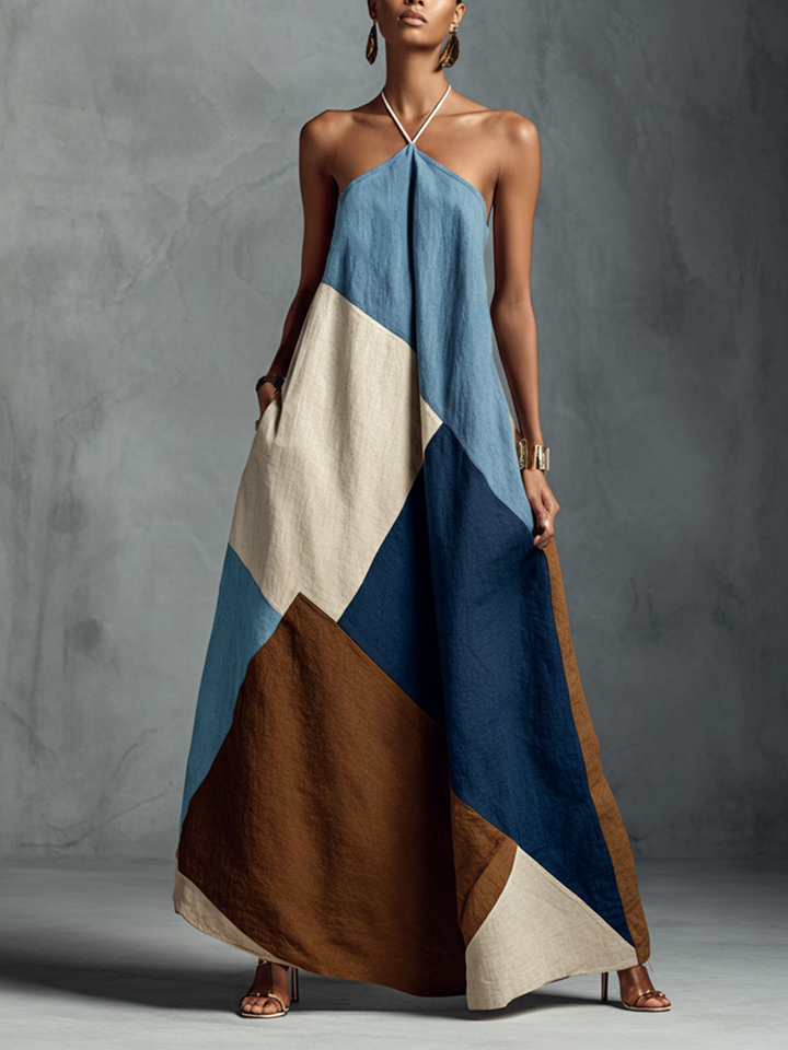 Vestido maxi halter boêmio para mulher, multicolor, em mistura de algodão e linho
