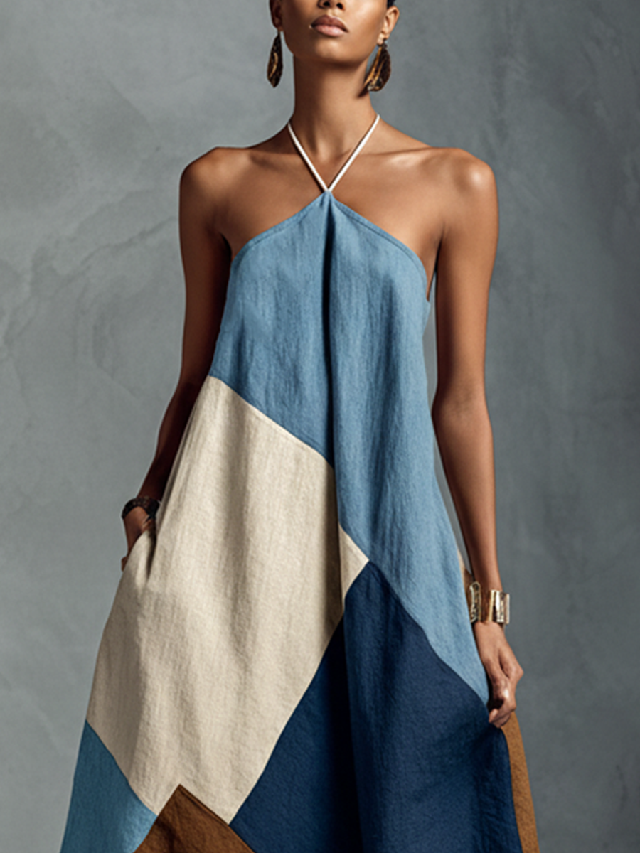 Vestido maxi halter boêmio para mulher, multicolor, em mistura de algodão e linho