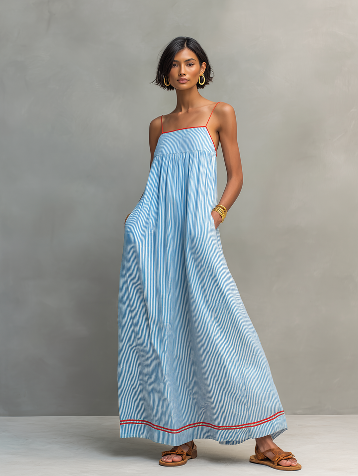 Flávia | Vestido maxi listrado minimalista feminino