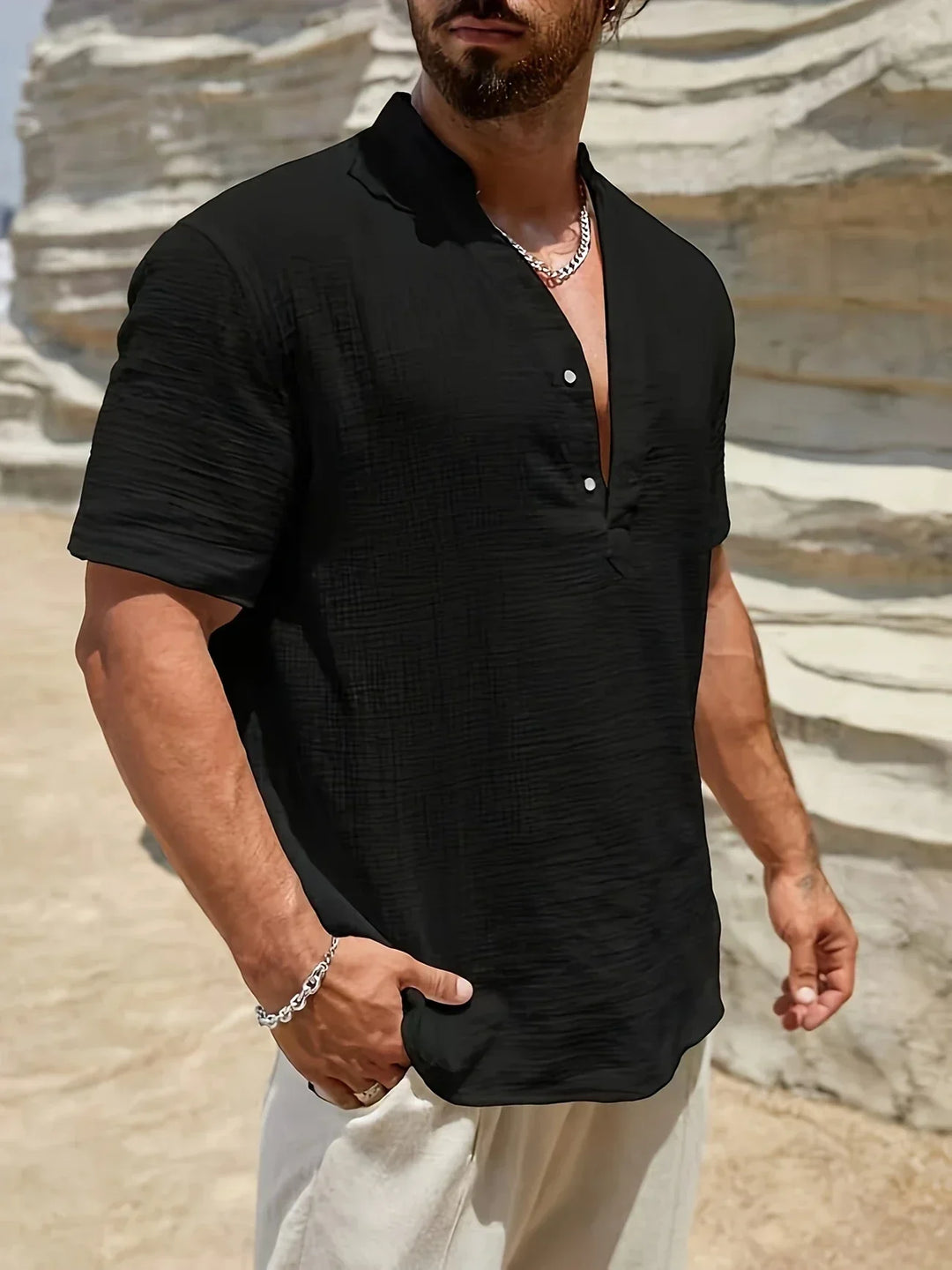 Camisa de verão elegante com gola alta