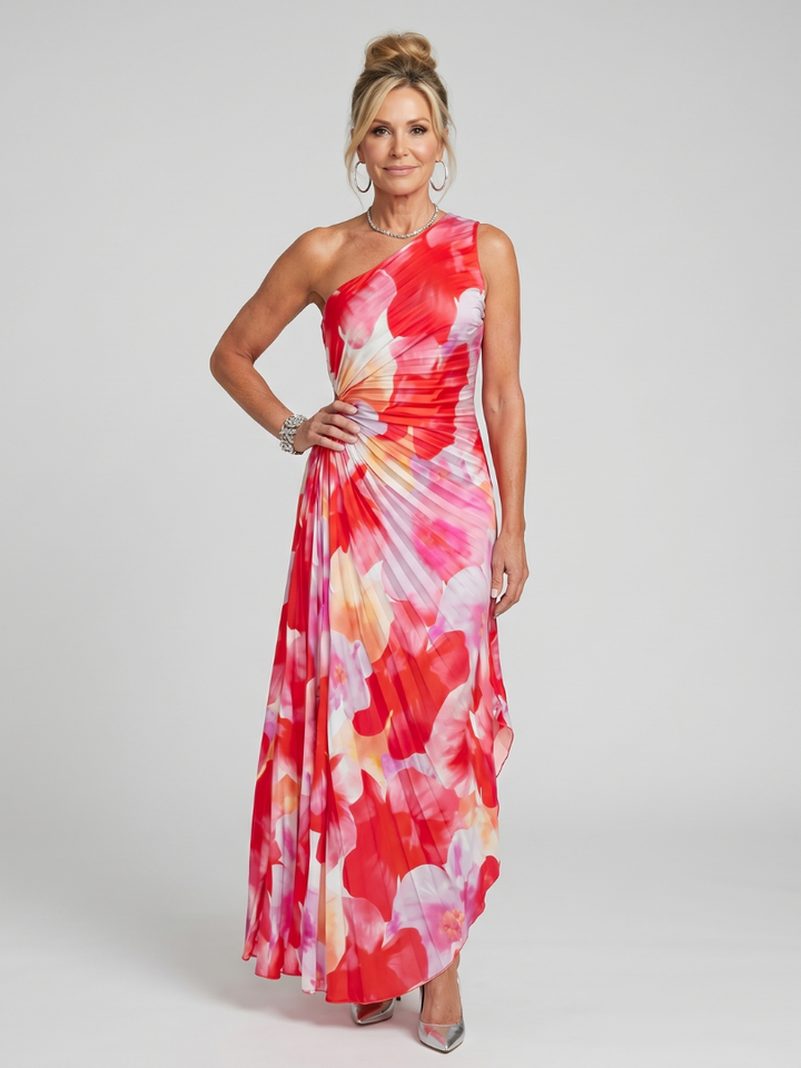 Taya | Vestido midi com ombro único e corpete plissado
