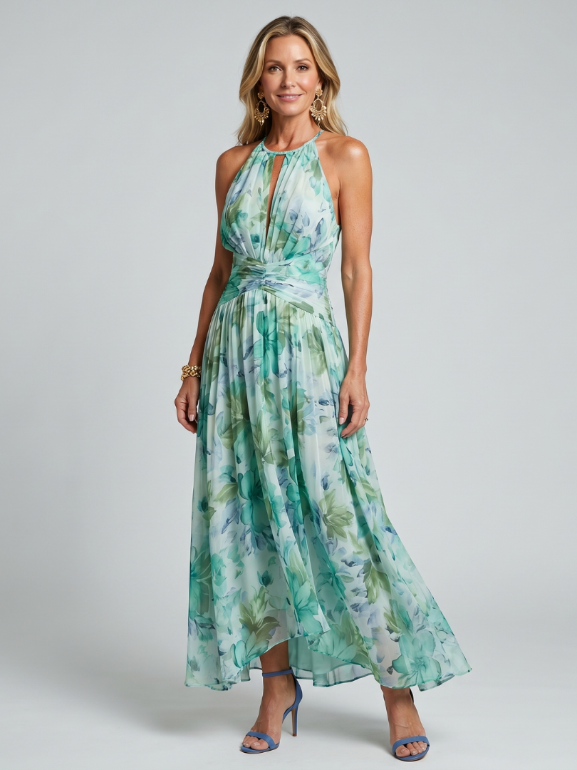 Portia | Vestido midi plissado com decote halter e estampa floral suave