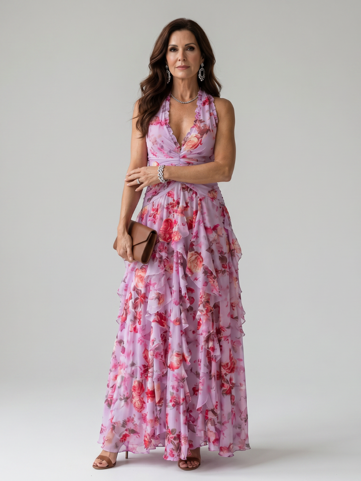 Nori | Vestido longo floral com decote halterneck e corpo franzido