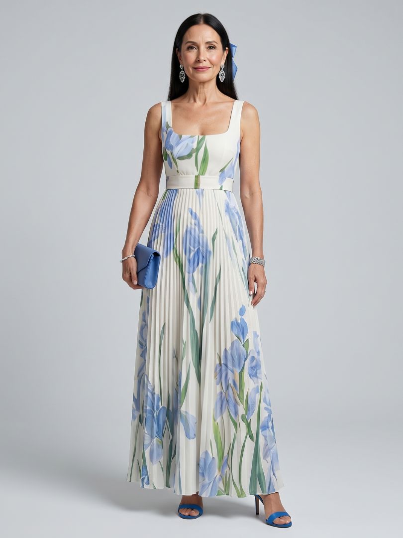 Ophelia | Vestido midi sem alças com decote quadrado e estampa floral