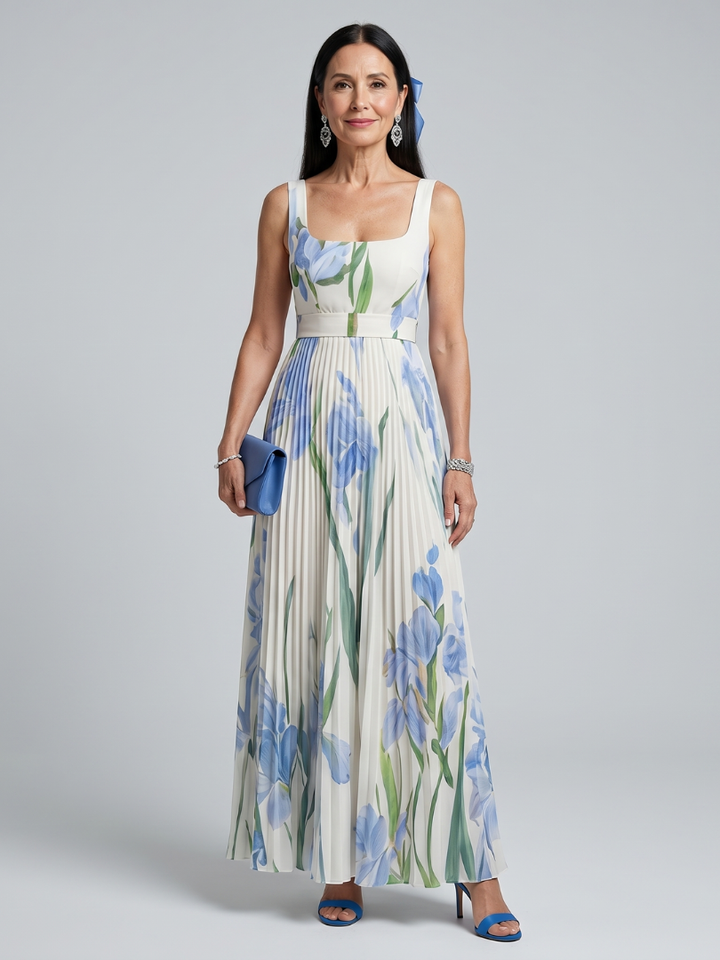 Ophelia | Vestido midi sem alças com decote quadrado e estampa floral