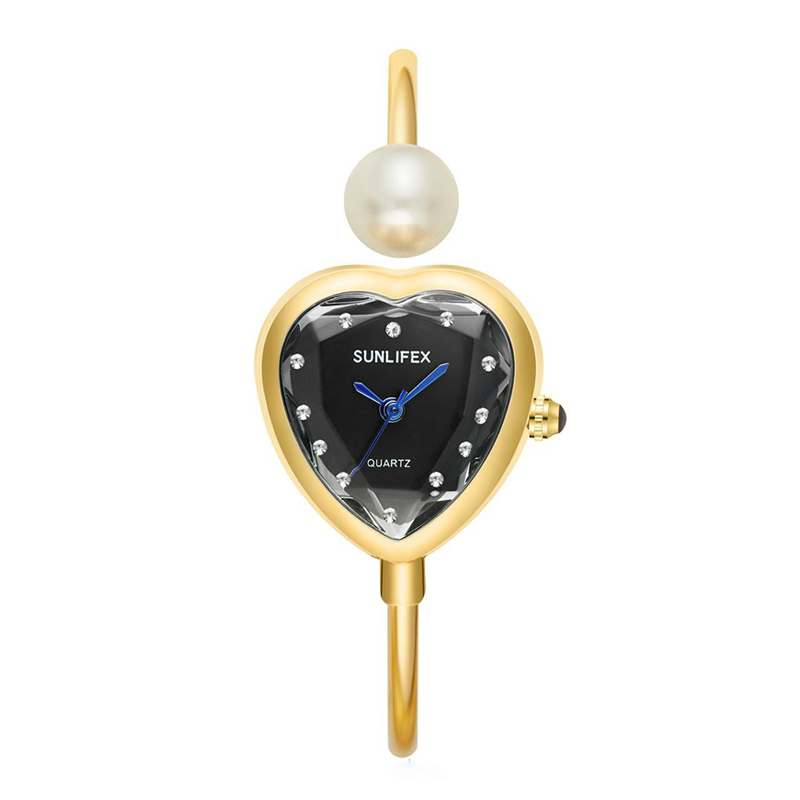 Relógio com bracelete dourado e mostrador preto em forma de coração – Relógio feminino de quartzo da moda
