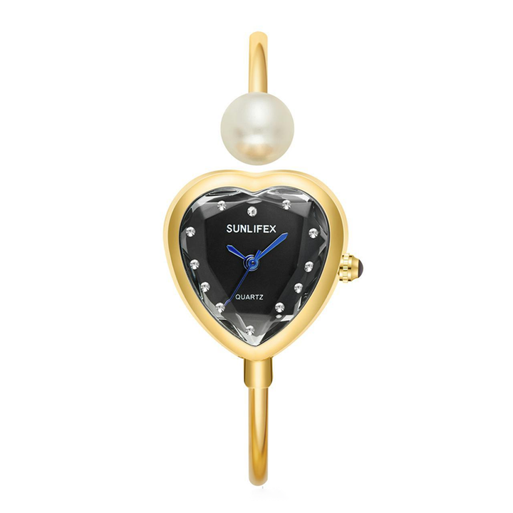 Relógio com bracelete dourado e mostrador preto em forma de coração – Relógio feminino de quartzo da moda