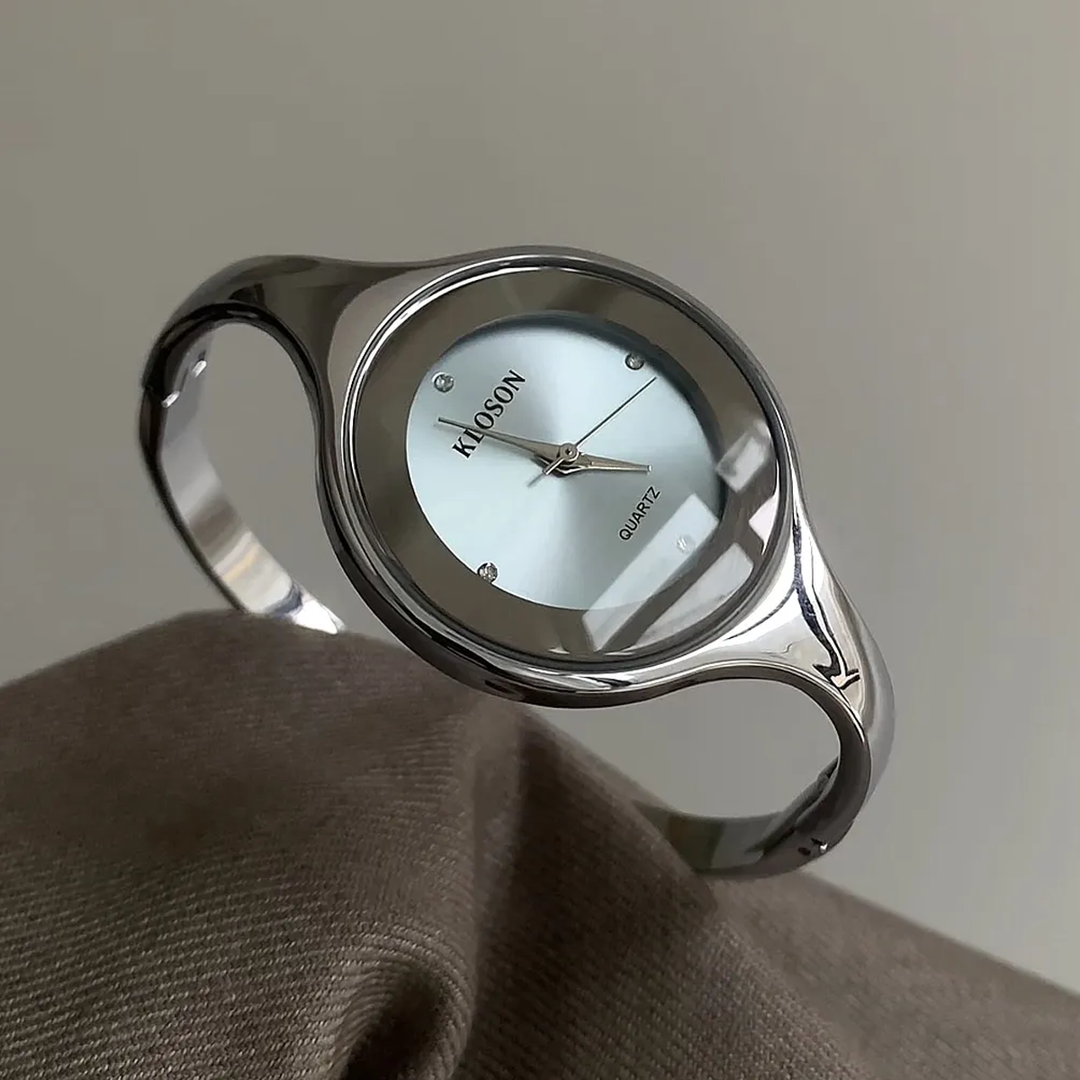 Relógio de pulso feminino com bracelete prateado – mostrador azul redondo, grande, elegante e moderno