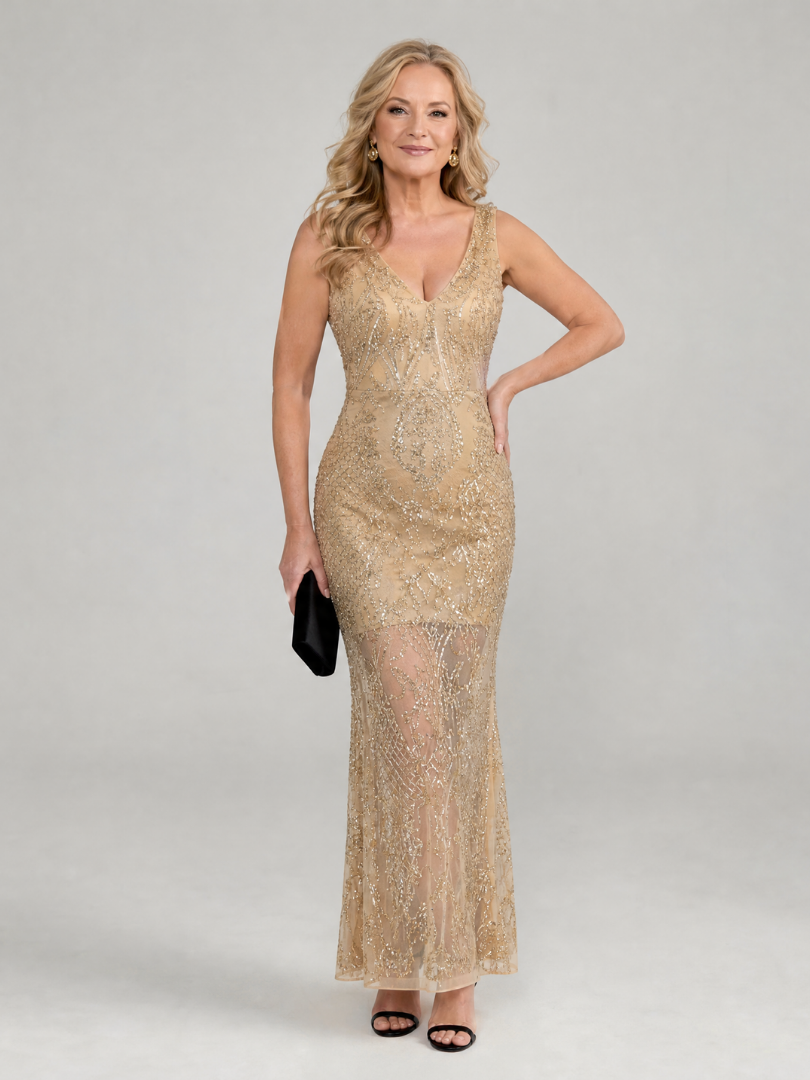Sirea | Vestido midi de paetês sem mangas com painel transparente