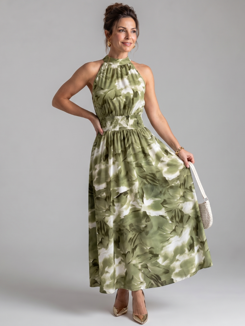 Olivia | Vestido midi de estampa abstrata com cintura franzida