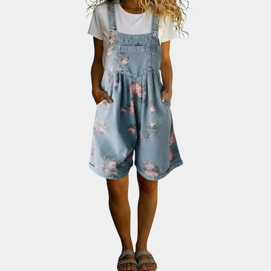 Judy™ | Macacão em denim floral lavado vintage