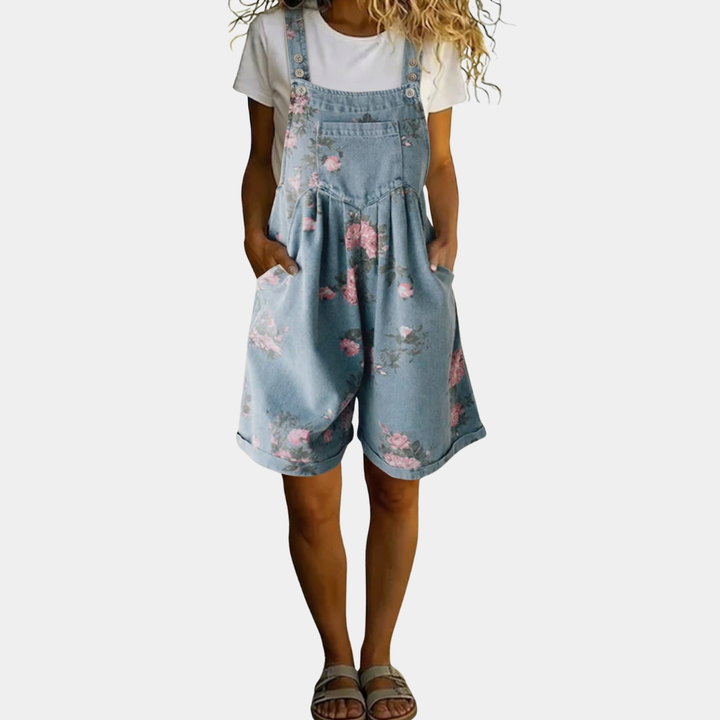 Judy™ | Macacão em denim floral lavado vintage