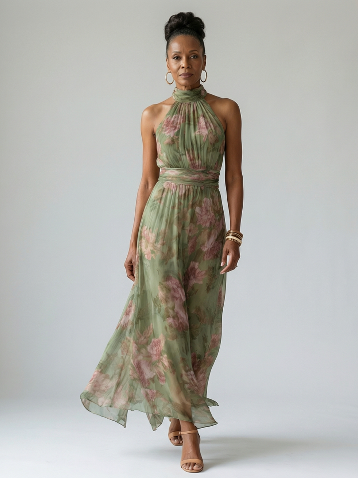 Mirelle | Vestido Midi com Decote Halter Franzido