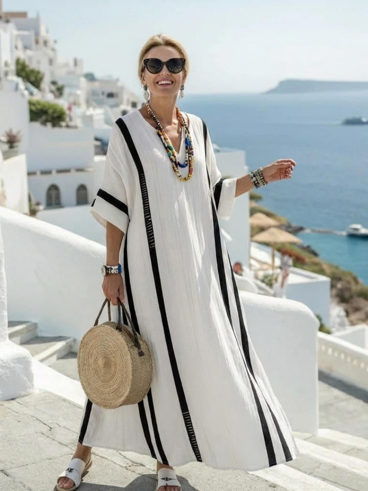 Elisa | Vestido Maxi Listrado em Bloco de Cores com Manga Curta