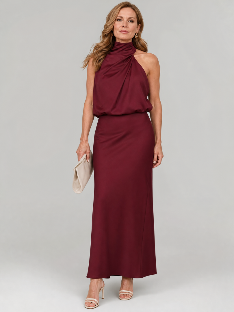 Nopal | Vestido midi sem alças com decote drapeado