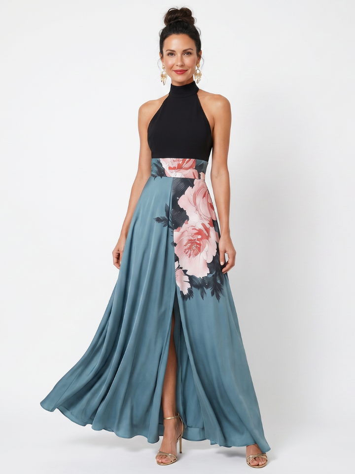 Olympas | Vestido maxi com decote halter e saia floral