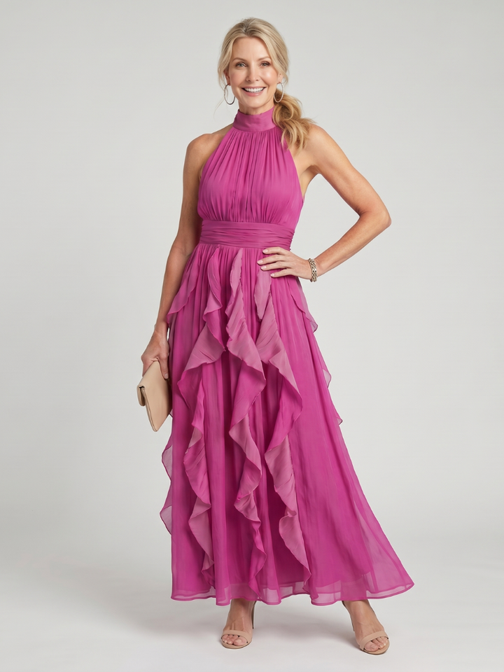 Orea | Vestido maxi com gola alta e camadas de babados franzidos